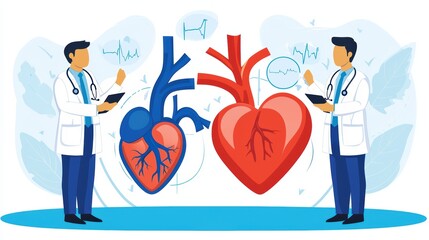Two doctors analyze human heart illustrations while discussing cardiology concepts in a modern medical setting.