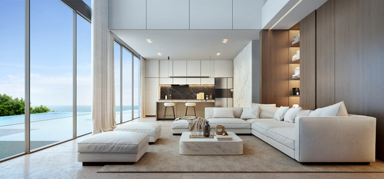  Living room luxury house in modern style.White sofa with pool and sea view.3d rendering
