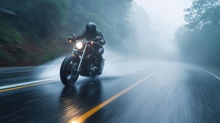 Fototapeta premium Motorcycle rider speeding down a rain-soaked foggy road, water splashing up as the tires cut through the mist