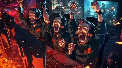 Excited esports team celebrating victory in an intense gaming competition