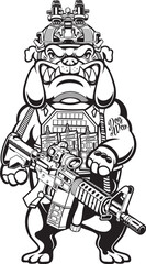 cartoon style dog wearing military gear and holding assault rifle