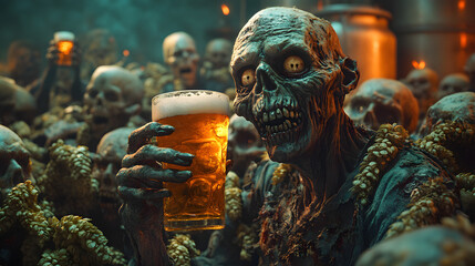 Obraz premium Charming Scene of a Zombie Brewer Joyfully Sipping Ale Surrounded by Hops and Wheat in a Vintage Brewery