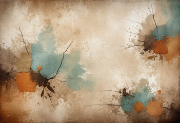Textured abstract background with warm ochre and teal splashes contrasted by dark branches and earthy tones