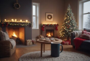 A Christmasdecorated living room with a fireplace and tree