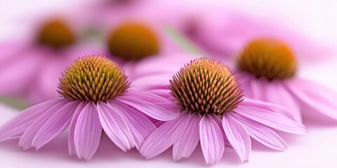 Obraz premium Vibrant pink flowers with yellow centers on a soft white background.