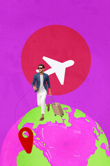 Vertical collage poster young man traveler flight departure tickets booking airplane map world...