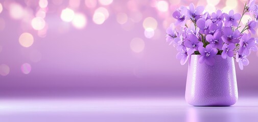 Fototapeta premium Vibrant purple flowers in a modern vase, soft background with bokeh effect.