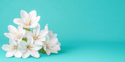 Obraz premium White flowers on a vibrant turquoise background, elegant and fresh.
