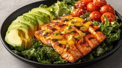 Grilled Salmon Fillet with Fresh Vegetables and Sauce