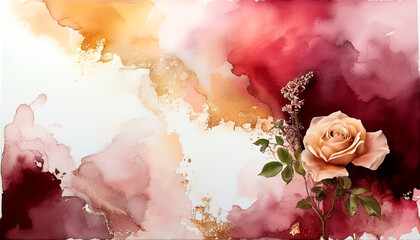 Delicate rose amidst vibrant watercolor swirls in warm autumn hues