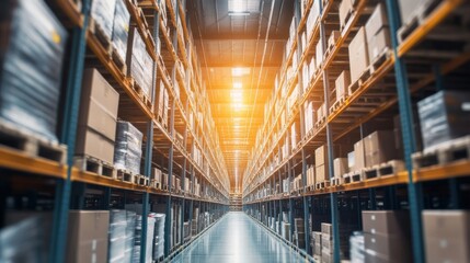 Fototapeta premium A cutting-edge distribution center filled with meticulously stacked crates and pallets, symbolizing the efficiency of global logistics, photography style