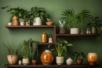 Potting a growing shelf with potted plants nature arrangement houseplant.