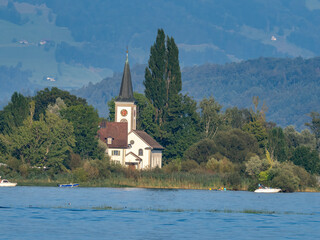 St. Martin's Church in the idyllic village of Bisskirch on the shores of the Upper Zurich Lake (Obersee), Rapperswil-Jona, St. Gallen Switzerland