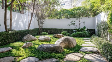 A small garden with green hedges, grass, and large rocks in the center of an urban area, surrounded by white walls.