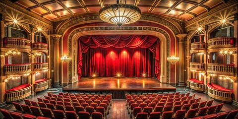 Obraz premium A Bird's-Eye View of an Empty Theater Stage with Red Velvet Curtains and Rows of Seats, Theatre, Performance, Stage Design