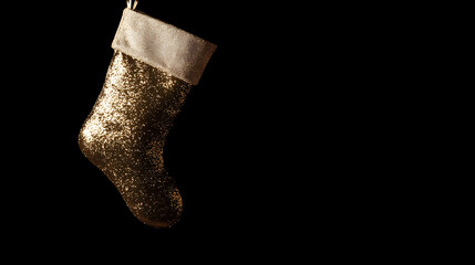 shimmering gold Christmas stocking reflecting light, perfect for festive decor. This elegant piece adds touch of sparkle to holiday celebrations and brings joy to season