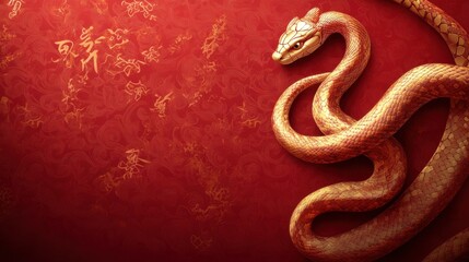 Fototapeta premium Golden snake illustration on red background with copy space, symbolizing Chinese new year and the Chinese zodiac.