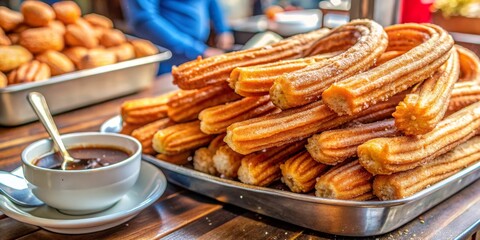 A Close-Up of a Tray of Golden Churros with a Side of Chocolate Sauce, Churros, Spanish Dessert, Sweet Treat