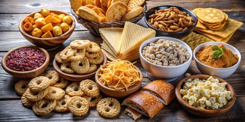 A Feast of Crunchy Delights A Rustic Table Spread of Various Snacks, Bread, and Dip, Snack Food, Party Food, Appetizer