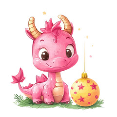 Obraz premium A charming pink dragon character with a festive ornament, perfect for children's illustrations and fantasy themes.