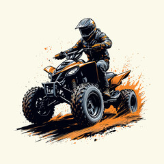Quad bike rider in action stylish and t-shirt design on white background