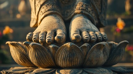 A close-up of a stone Buddha statue feet resting on a lotus pedestal, the intricate carvings and natural aging visible, with the temple surroundings softly blurred for clear copy space