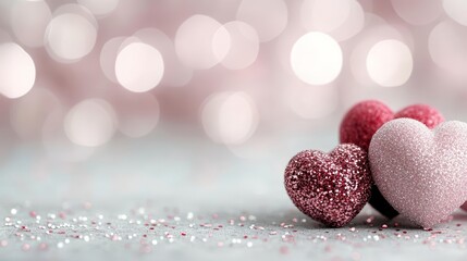 Fototapeta premium Hearts glittering in soft bokeh light, pink and red tones, romantic abstract Valentine's Day background with a gentle, love-filled ambiance
