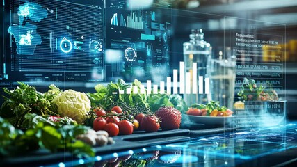 A futuristic kitchen scene showcasing fresh ingredients and digital interfaces. - Powered by Adobe