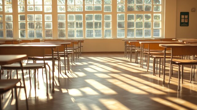 Bright Classroom in Afternoon Light with Empty Desks - Powered by Adobe
