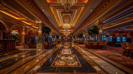 Luxurious Casino Interior with Elegant Lighting, Ornate Décor, High-End Slot Machines, Gaming Tables, and Plush Carpeting in a Vibrant Atmosphere