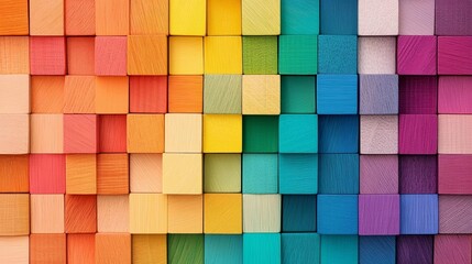 Colorful wooden cube pattern, gradient spectrum from warm to cool tones, modern abstract art concept with textured surfaces