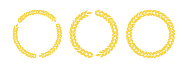 Wreath of wheat ears, set, transparent background. Round frame, border. Winner, award, decorative element, banner.