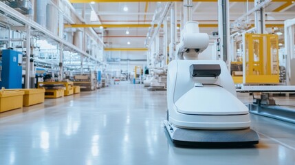 Industrial cleaning robots maintaining cleanliness in a manufacturing plant, factory floor with automated cleaning machines, Industrial style