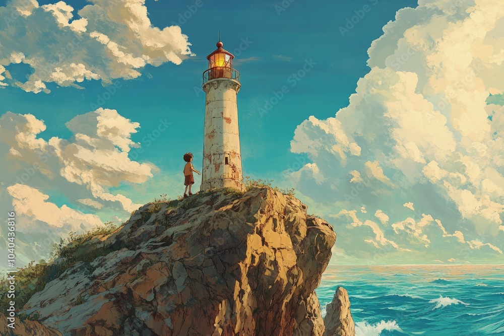 Wall mural a painting of a man standing on top of a cliff next to a lighthouse