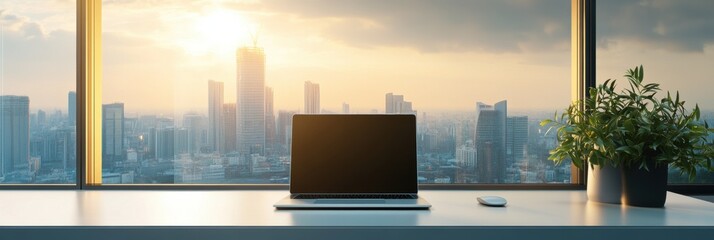 A modern laptop sits on a clean desk beside a plant, showcasing a stunning view of a city skyline during golden hour. Generative AI