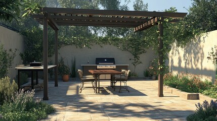 Obraz premium Modern patio furniture includes a pergola shade structure, an awning, a patio roof, a dining table, seats, and a metal grill. Generative AI