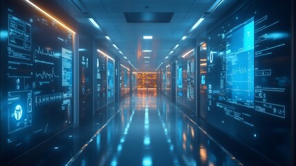 Fototapeta premium smart hospital design, modern hospital corridor featuring led screens showing medical alerts digital health info, demonstrating seamless tech integration in patient care