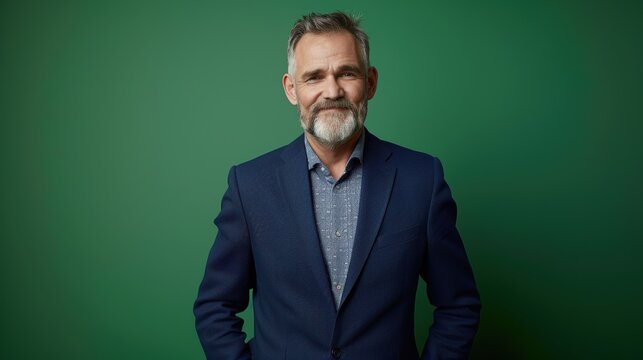 Confident Professional Man in Navy Blue Suit Against Bold Green Background for Business Themes