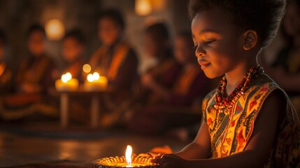 Kwanzaa candle lighting, family watches joyfully as child lights kinara in the warm, glowing room during Kwanzaa ceremony