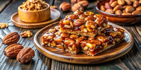 Obraz premium Caramel Pecan Almond Bars on Wooden Plate, Pecan, Almond, Caramel