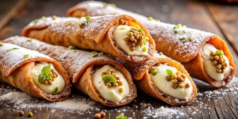 Close Up of Delicious Cannoli with Pistachio Cream on Rustic Wooden Background, Italian, Dessert, Pastry