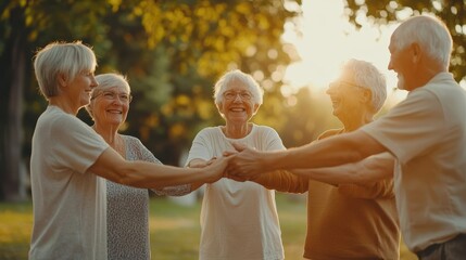 Group, senior people and holding hands outdoor for retirement fun, reunion and wellness routine. Smile, elderly and friends circle with community, morning support and comic joke for bonding together