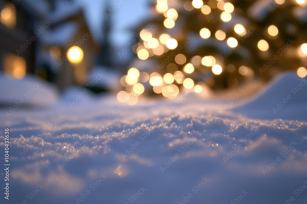 Poster close-up of snow with blurred christmas tree lights in the background generative ai