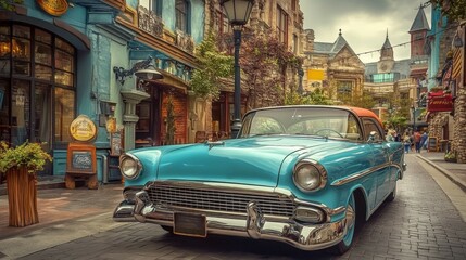 Vintage Blue Car Parked on Cobblestone Street in European City