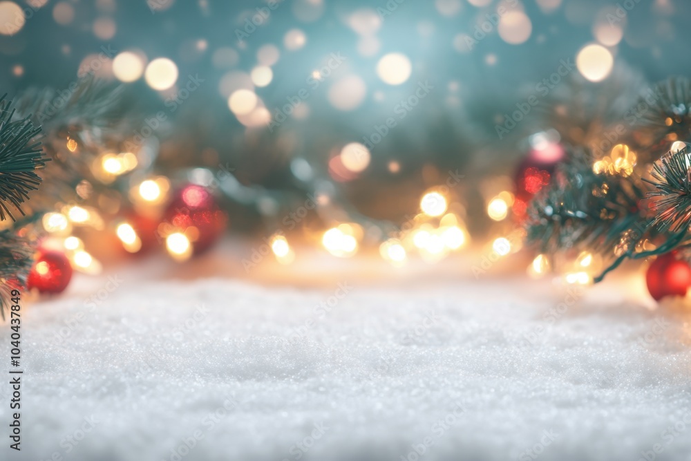 Aufkleber a blurred background of christmas lights with snow on the ground, with space for product display or 