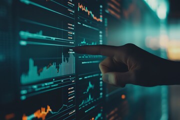 Fototapeta premium Side View of Finger on Stock Market Screen