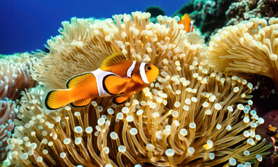 Pez payaso nadando entre an&eacute;monas beige en un arrecife submarino de aguas cristalinas y fondo azul.