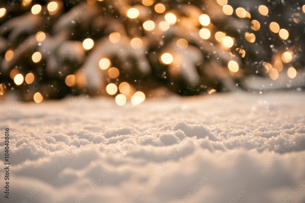 Poster close-up of white snow with blurred christmas tree lights in the background generative ai