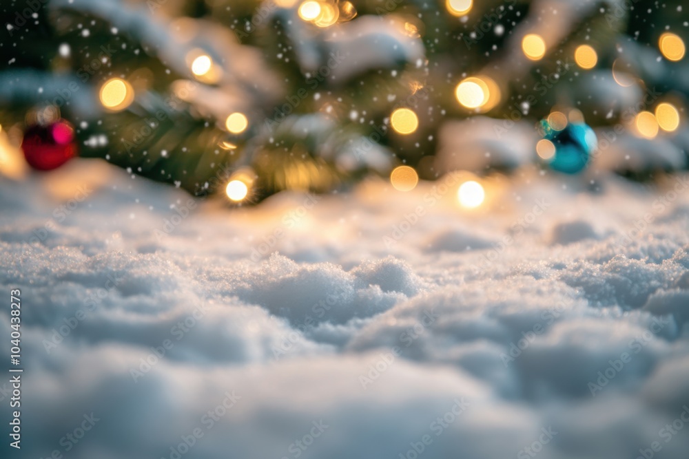 Poster a close-up of white snow with a blurred christmas tree and lights in the background generative ai
