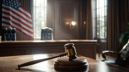 Mallet of judge in American courtroom. American flag in courtroom with Judge hammer or Mallet of judge. Justice concept in courtroom.